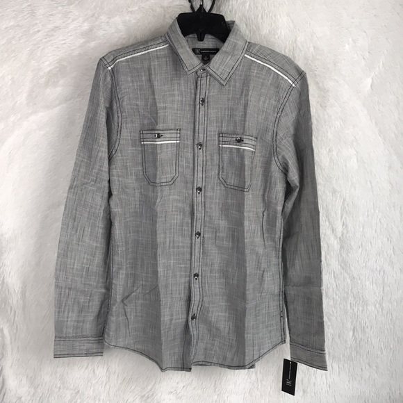 INC Men's Long-Sleeve 2-Pocket Topstitch Button-Down Shirt, Navy Blue, Small S - Picture 3 of 13